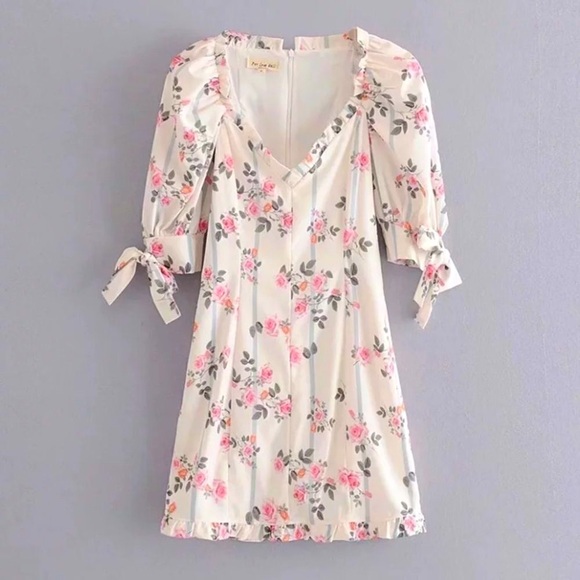 NEW! Stripes & Roses Floral Puff Sleeve Ruffle Mini Dress - Picture 9 of 11